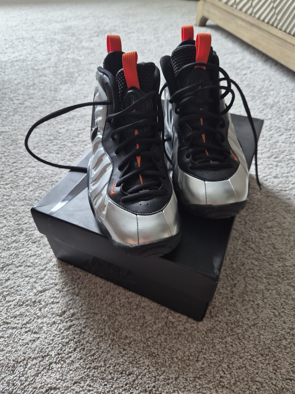 Nike Kids Silver Foamposite with Black and Orange Accents